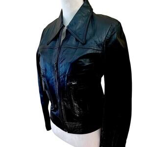Vintage 1970s/80s Spanish Leather Jacket – Black Zip-Up, Pockets, Size 38 (S/M)